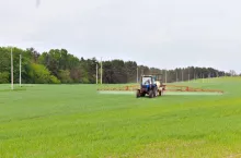 agricultural machine fertilizes a green field in spring