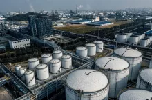 petrochemical plant industrial background, aerial view of oil refinery factory