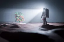 Astronaut discovers green plant on Mars, a red planet. Spacewalk. 3D render