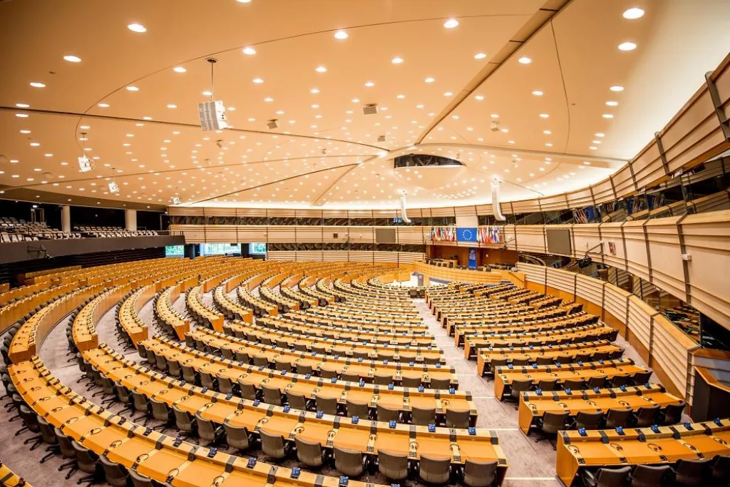 Interior of the meeting room of the European parliament in Brussels, Belgium