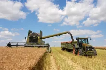 Harvest time - combine and tractor at canola field