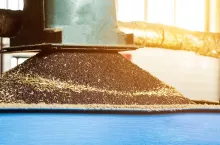 Production of rapeseed oil, processing of oilseed rapeseed, supply of rapeseed oil seeds to the cold pressing press, close-up, industry