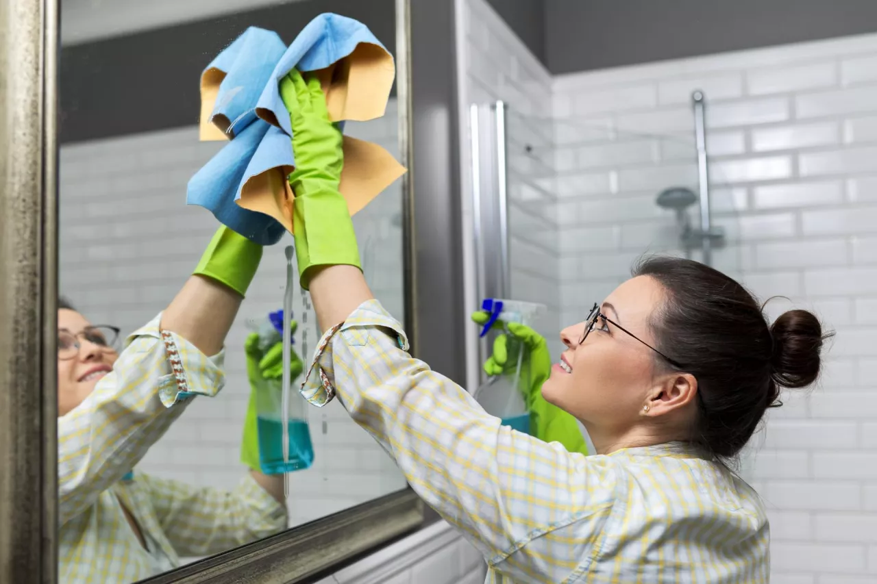 &lt;p&gt;Woman cleaning mirror in bathroom using professional rag and washing spray, close up&lt;/p&gt;