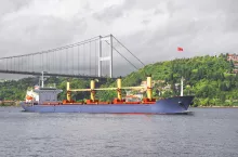 Giant bulk cargo ship passing Bosphorus Strait, Istanbul, Turkey. Water transport concept