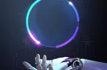 AI robot frame technology, abstract futuristic tech design with blank space
