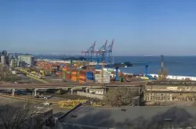 Odessa, Ukraine - 06.14.2019. anoramic view of cargo port and container terminal in Odessa, Ukraine