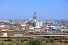 September 15 2021 - Constanta in Romania: the Industrial port quay with heavy load gantry cranes, the largest on the Black Sea and the 18th largest in Europe