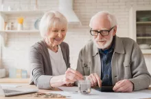 &lt;p&gt;Savings concept. Caucasian old elderly senior grandparents couple husband wife spouses putting coin into moneybox, economy for nest egg, pension, mortgage loan at home&lt;/p&gt;