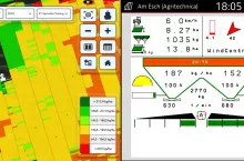 Amazone ZG-TS wyposażony w WindControl (z lewej) i aplikację FieldView Cab wizualizującą dane przechwycone z czujnika.