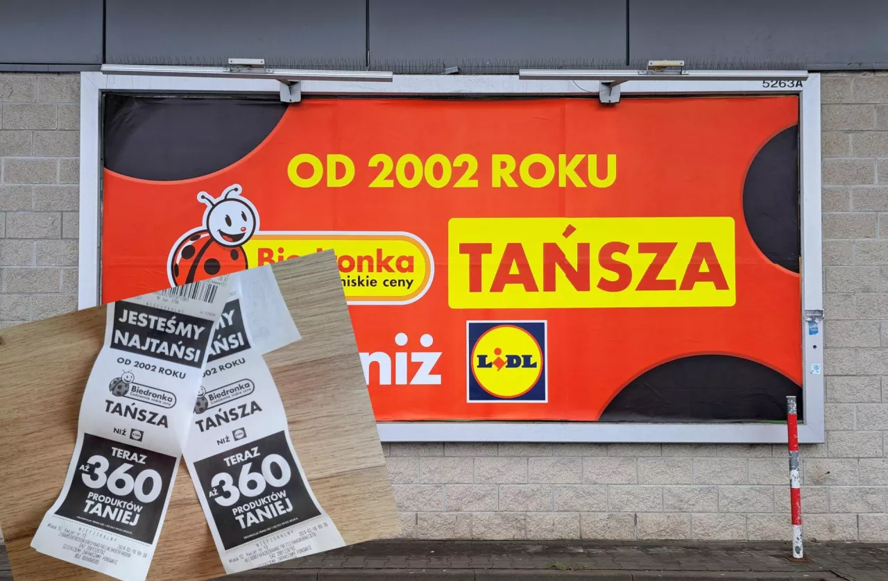 &lt;p&gt;Plakat i paragony z hasłem ”Od 2002 roku Biedronka tańsza niż Lidl” (fot. wiadomoscihandlowe.pl/MG)&lt;/p&gt;