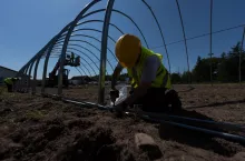 Po wzniesieniu łuków ekipa przystępuje do ich stabilizacji i montażu dodatkowych elementów mocowania plandeki.