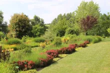 W kompozycji rabat trawy odgrywają ważną rolę. Tu rabaty tematyczne: żółta i czerwona.