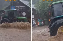 Rolnik własnym ciągnikiem ratuje kobietę, dziecko i psa z powodzi