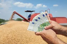 Human hand holding Euro banknote with wheat and combine in background
