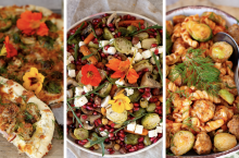 Trzy propozycje na dania z brukselką: sałatka z pieczoną brukselką, pulpeciki i flamkuchen z brukselką i szynką.