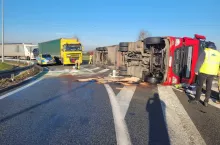 Wywrotka ciężarówki ze świniami zablokowała zjazd z autostrady.