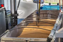 Grain sampling process. View of a station for automatic sampling of grain from a road transport vehicle body.