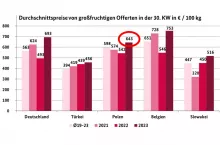 Ceny czereśni na niemieckich rynkach hurtowych w 30 tygodniu roku. Źródło: raport BLE za 30 tydzień 2023 roku