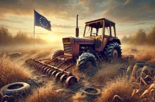 ciągnik, pole, flaga, UE, chmury, zachód, słońce