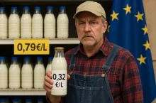 Zdjęcie przedstawia rolnika trzymającego butelkę mleka z ceną 0,32 euro, na tle supermarketu z widoczną flagą Unii Europejskiej i wyświetloną ceną detaliczną 0,79. Symboliczna scena ukazująca przepaść między ceną płaconą rolnikom a ceną detaliczną w handlu, w kontekście debaty o rynku mleka w UE i pozycji rolników w łańcuchu dostaw.