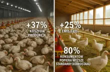 Fotorealistyczna ilustracja porównawcza ukazująca dwa modele chowu drobiu: intensywny system przemysłowy i system z wyższymi standardami dobrostanu, z zaznaczeniem skutków ekonomicznych i środowiskowych. Obraz towarzyszy debacie o przyszłości unijnego prawa.