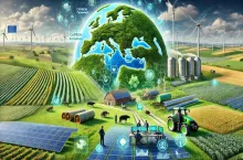 Wizualizacja przyszłości rolnictwa w Europie: nowoczesne gospodarstwa, energia odnawialna, krótkie łańcuchy dostaw i współpraca ekspertów. Grafika podkreśla kluczowe tematy konferencji ”EUROPA - czas transformacji. Polscy rolnicy liderami zielonych zmian”.