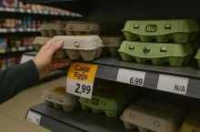 Zdjęcie przedstawia klienta supermarketu, który wybiera najtańsze jajka z chowu klatkowego. Obok widoczne są droższe jajka z chowu ekologicznego i wolnowybiegowego. Ilustracja pokazuje rozbieżność między deklaracjami społecznymi a realnymi decyzjami zakupowymi.