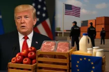 Fotorealistyczna kompozycja przedstawia Donalda Trumpa przemawiającego z powagą na tle flag USA i UE, z przodu skrzynki pełne produktów rolnych z Unii – jabłka, mięso, mleko, ser. W tle amerykańskie służby celne na terminalu kontenerowym. Kompozycja obrazuje napięcia handlowe na osi USA–UE.