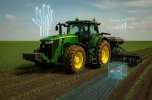 Ciągnik John Deere na polu z aplikatorem nawozów pasowych