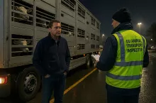 Nocna scena na parkingu dla ciężarówek. Inspektor UE ds. transportu zwierząt kontroluje dokumenty kierowcy przy pojeździe przewożącym żywe zwierzęta. Zdjęcie symbolizuje działania instytucji UE w reakcji na raport EPRS o nieprawidłowościach w transporcie zwierząt.