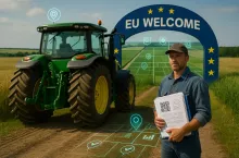 Fotorealistyczna ilustracja przedstawia ukraińskiego rolnika stojącego obok nowoczesnego ciągnika ustawionego przodem do bramy z napisem ”EU welcome” i symbolami Unii Europejskiej. Rolnik trzyma plik dokumentów, na tle pszenicznego pola. Za bramą – działki, cyfrowe ikony inspekcji i kontroli – symbol ”cyfrowego agrobiznesu” i europejskiego ładu. Grafika ukazuje symboliczny moment wejścia ukraińskiego rolnictwa w unijny system.