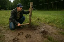 Fotorealistyczna scena z pastwiska na skraju lasu. Rolnik sprawdza uszkodzone ogrodzenie z przerwanym drutem kolczastym. W błocie widoczne są wyraźne ślady wilczych łap. Ujęcie symbolizuje realne problemy, z jakimi mierzą się gospodarze w obliczu rosnącej populacji wilków.