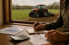 Wczesna wiosna w gospodarstwie. Rolnik analizuje dane finansowe przy biurku. Za oknem trwa orka – czerwony ciągnik z pługiem pracuje na pograniczu zaoranego i niezaoranego pola. Fotorealistyczna scena ilustrująca decyzje produkcyjne.