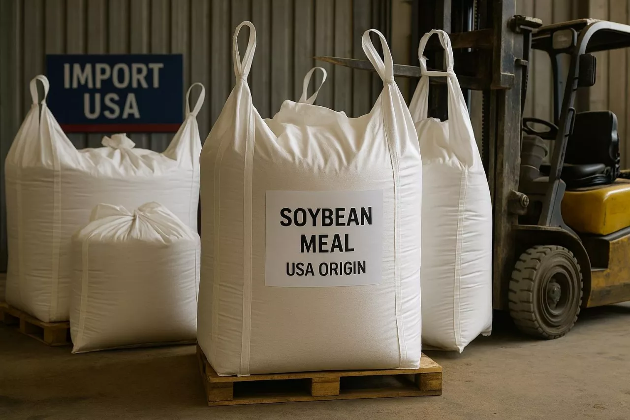 Fotografia przedstawia big-bagi z etykietą ”Soybean Meal – USA Origin” ustawione w magazynie rolniczym. W tle wózek widłowy i tablica ”Import USA”. Grafika symbolizuje zwiększony import produktów rolnych z USA do UE – w tym śruty sojowej wykorzystywanej w paszach dla trzody chlewnej i drobiu.