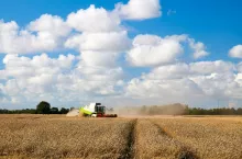 Combine harvester harvesting crops at barley field against cloudy sky during sunny day