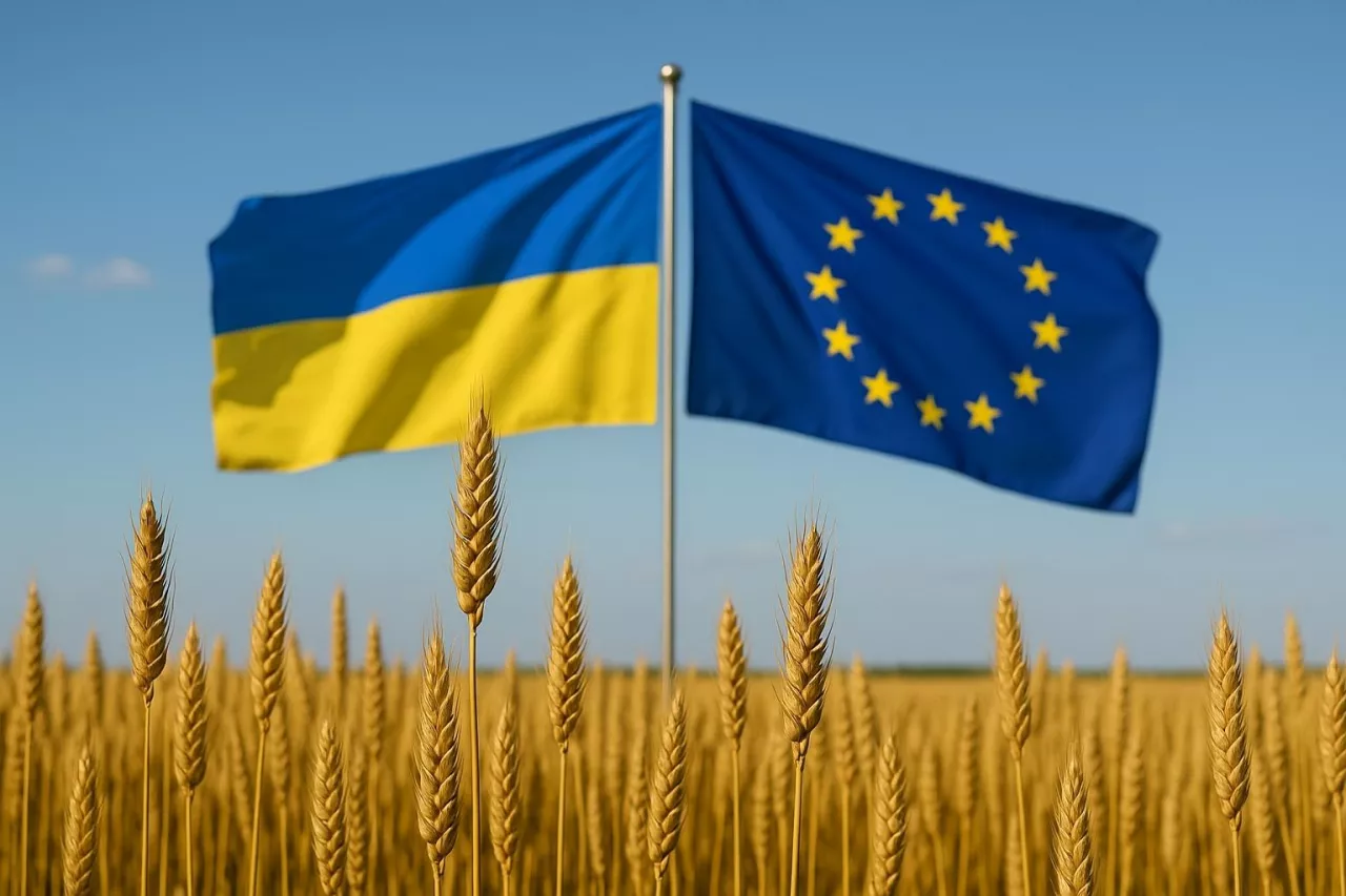 Flagi Ukrainy i Unii Europejskiej na tle dojrzałego pola pszenicy. Symboliczna grafika obrazująca napięcia wokół importu ukraińskich produktów rolnych do UE oraz przyszłość wspólnej polityki rolnej w kontekście integracji Ukrainy z rynkiem unijnym.