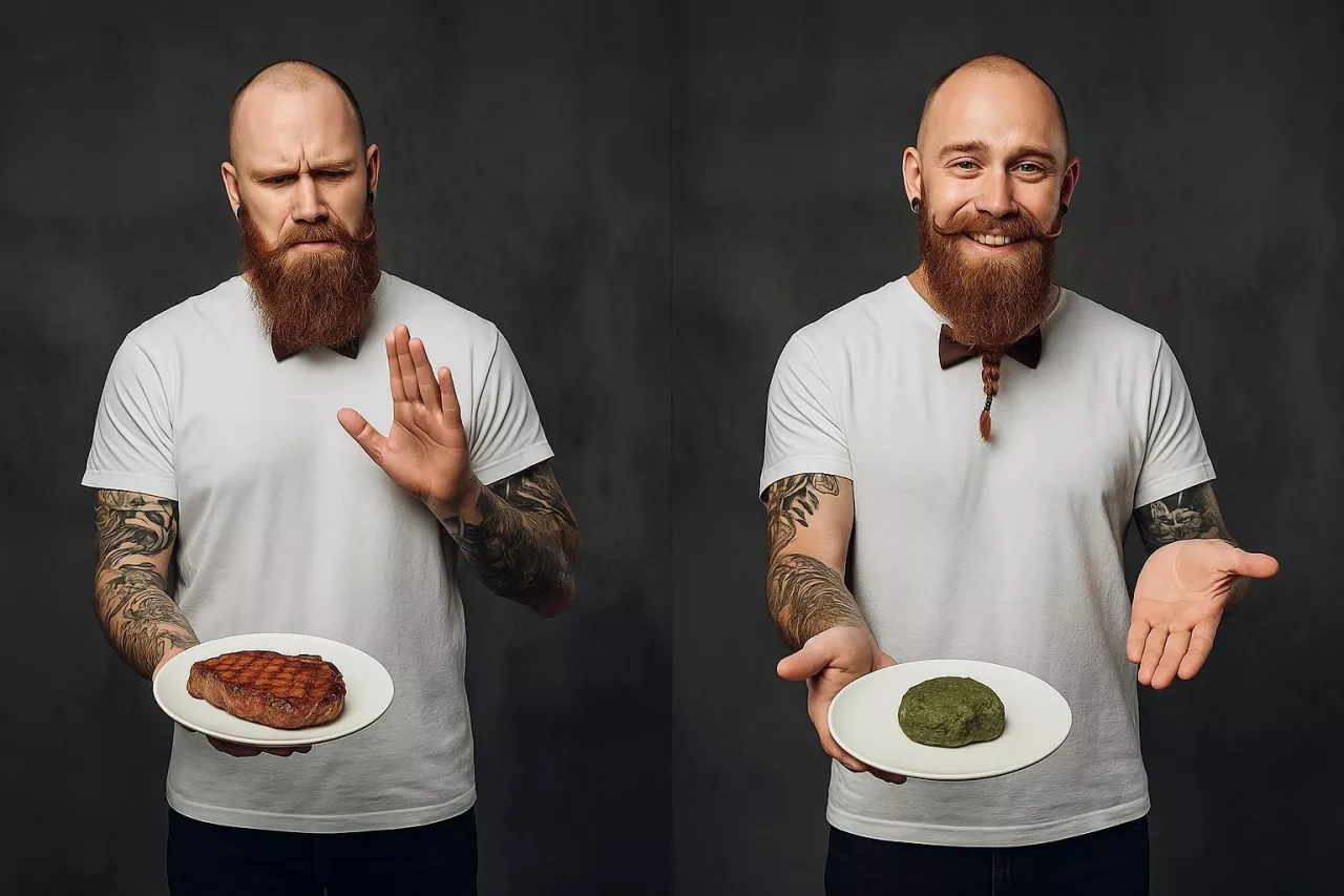Kontrastowa grafika ukazująca brodatego mężczyznę w muszce, który z wyraźnym grymasem odsuwa od siebie talerz ze stekiem, a w drugiej scenie uśmiecha się, prezentując roślinny zamiennik. Symboliczna ilustracja polityki promowanej przez Danię podczas jej prezydencji w UE – zamiast walki o budżet WPR, nacisk na przejście na dietę roślinną.