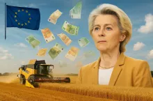 Symboliczna ilustracja przedstawiająca Ursulę von der Leyen na tle pola podczas żniw. Wokół unoszą się banknoty euro, a w tle widać flagę Unii Europejskiej. Grafika nawiązuje do zapowiedzi zmian w budżecie UE, umów handlowych z Mercosurem i Ukrainą oraz możliwego końca dopłat dla rolników.