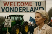 Fotorealistyczna ilustracja przedstawiająca Ursulę von der Leyen wychodzącą z budynku Komisji Europejskiej, z widocznym w tle Parlamentem Europejskim i rolnikami protestującymi z transparentami. Symboliczna scena pokazująca sprzeciw wobec nowego budżetu UE i cięć we Wspólnej Polityce Rolnej.