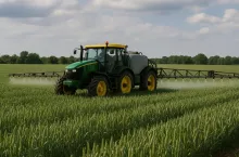 Nowoczesny zestaw do ochrony roślin wykonuje oprysk w łanie zbóż. Widoczny jest ciągnik z zamontowanym belkowym opryskiwaczem wykonujący zabieg agrotechniczny, bez widocznych oznaczeń producenta.