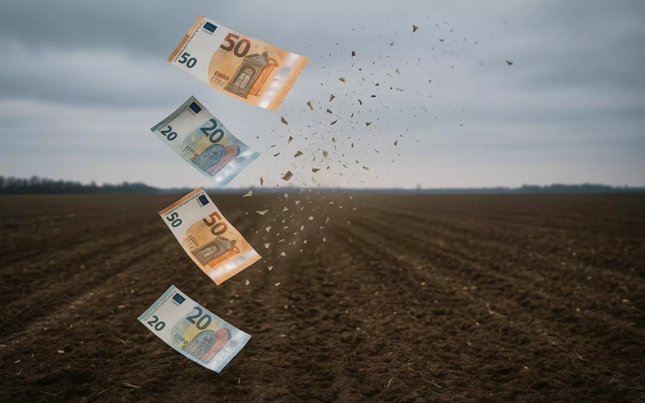 Fotorealistyczne przedstawienie znikających banknotów euro nad pustym polem uprawnym. Grafika symbolizuje cięcia w budżecie Wspólnej Polityki Rolnej i mniejsze dopłaty dla rolników. Chłodny ton obrazu podkreśla powagę decyzji Komisji Europejskiej.