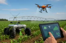 Fotorealistyczne zdjęcie przedstawiające nowoczesne technologie stosowane w rolnictwie 4.0. W polu widoczny jest robot do pielęgnacji roślin, dron rozpylający ciecz, system automatycznego nawadniania oraz rolnik sterujący urządzeniami za pomocą tabletu. Grafika symbolizuje cyfryzację i automatyzację produkcji rolnej.