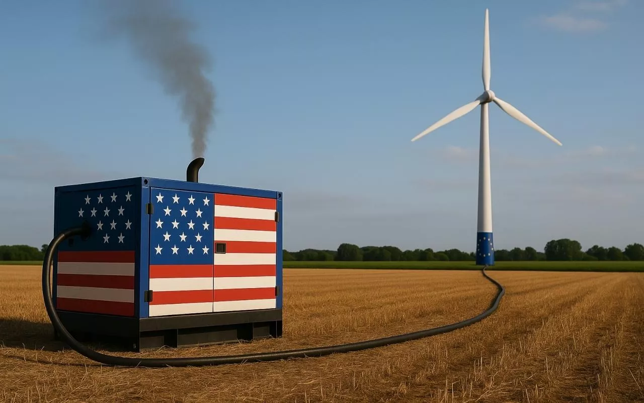 Fotorealistyczne zdjęcie przedstawiające generator dieslowski z flagą USA, połączony grubym kablem z turbiną wiatrową oznaczoną gwiazdami UE. Z rury wydechowej generatora wydobywa się dym, a łopaty turbiny są w ruchu. Oba urządzenia stoją w polu-ściernisku, w krajobrazie rolniczym, co symbolizuje paradoks energetyczny związany z zieloną transformacją i importem energii z USA.