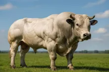 Fotorealistyczne zdjęcie byka rasy Belgian Blue na tle zielonego pastwiska i nieba. Zwierzę wyróżnia się charakterystyczną, silnie rozwiniętą muskulaturą, która jest typowa dla tej rasy, ale jednocześnie wiąże się z wyzwaniami dobrostanowymi, takimi jak trudności porodowe i konieczność cięć cesarskich. Zdjęcie doskonale ilustruje genetyczne cechy omawiane w raporcie EFSA dotyczącym dobrostanu bydła mięsnego w UE.