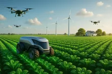 Fotorealistyczna grafika przedstawiająca futurystyczny krajobraz rolniczy z idealnie wypielęgnowanymi uprawami, autonomiczną maszyną rolniczą, dronami monitorującymi pola oraz nowoczesnymi turbinami wiatrowymi w tle. Scena symbolizuje nowoczesne, ekologiczne i zrównoważone rolnictwo przyszłości.