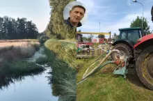 Fotomontaż przedstawia połączone poziomo zdjęcia kanału na Żuławach oraz sprzętu do pompowania wody w gospodarstwie, z nałożonym w kółku portretem Wiesława Zbroińskiego, sołtysa Mokrego Dworu i prezesa Stowarzyszenia Sołtysów Gminy Pruszcz Gdański. Artykuł omawia kryzys powodziowy na Żuławach, niszczenie ponad 70% terenów przez wodę, trudną sytuację rolników, rolę pomp i urządzeń, a także systemowe zaniedbania oraz konflikty wokół zarządzania wodą i bobrów.