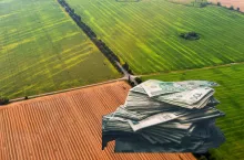 pola z lotu ptaka, po prawej banknoty polskie