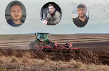 Traktor z kultywatorem pracujący na polu wiosną. W ramkach: Krzysztof Olejnik (OOPR), Łukasz Pergoł (KRIR), Tomasz Ognisty (NSZZ RI Solidarność).