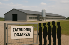 Osoby stojące przed ogłoszeniem ”zatrudnię dojarza” koło obory