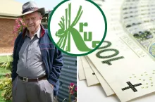 starszy rolnik, logo KRUS i banknoty 100 złotowe